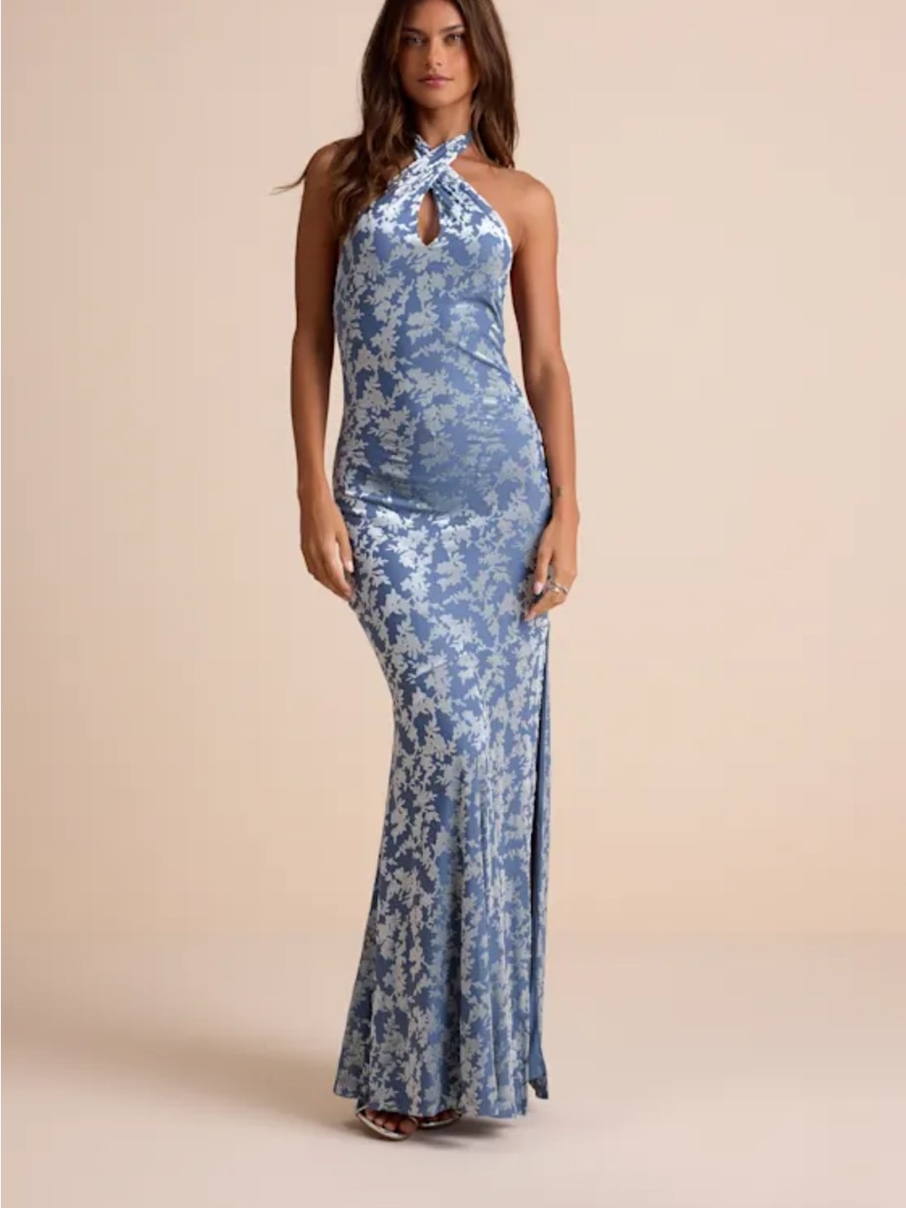 Lulus Sharon Slate Blue Velvet Burnout Halter Maxi Dress - Size M - Picture 5 of 5